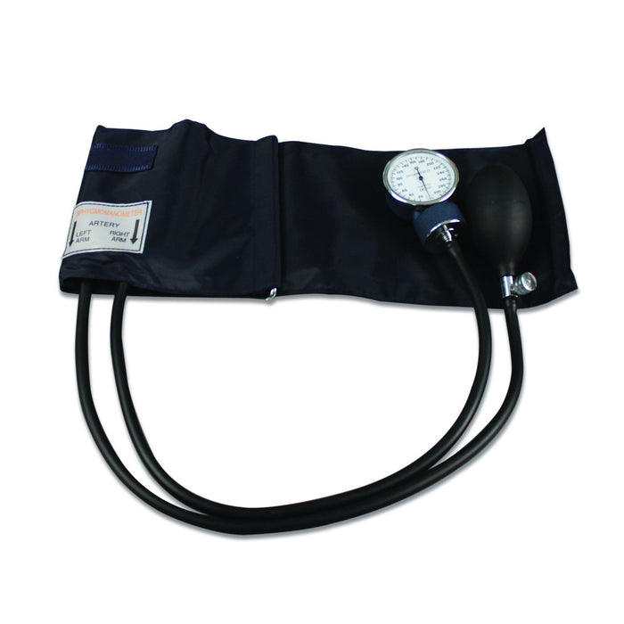 A sphygmomanometer measures blood pressure; its cuff is attached to a gauge and bulb; it rests on a white background. SPHYGMOMANOMETER ARTERY LEFT ARM RIGHT ARM
