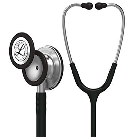 A Littmann stethoscope, silver and black, is shown; its components are displayed. The stethoscope is set against a plain white background.