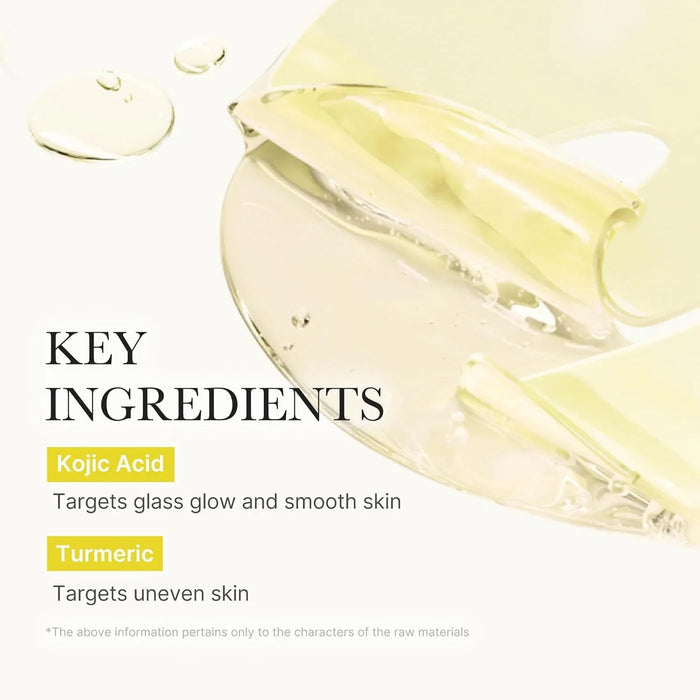 A woman wears the MEDICUBE - KOJIC ACID TURMERIC BRIGHTENING GEL MASK by KOSMIC KBEAUTY SKINCARE on one half of her face in its original gold jelly form, while the other half reveals the mask after it has turned transparent. Text highlights this Korean skincare treatment, infused with kojic acid and turmeric, which absorbs over 3-4 hours and transforms from gold to clear for a radiant, brightening effect.