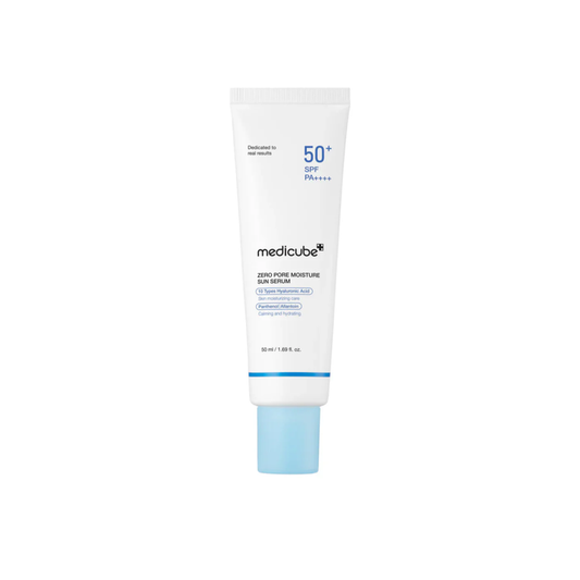 Medicube Zero Pore Moisture Sun Serum SPF50+ PA++++ tube, 50ml, white bottle with light blue cap.