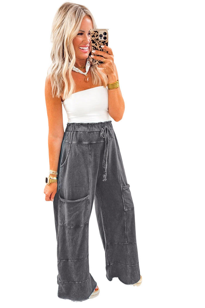 Medium Grey Mineral Wash Knot High Waist Raw Hem Pants