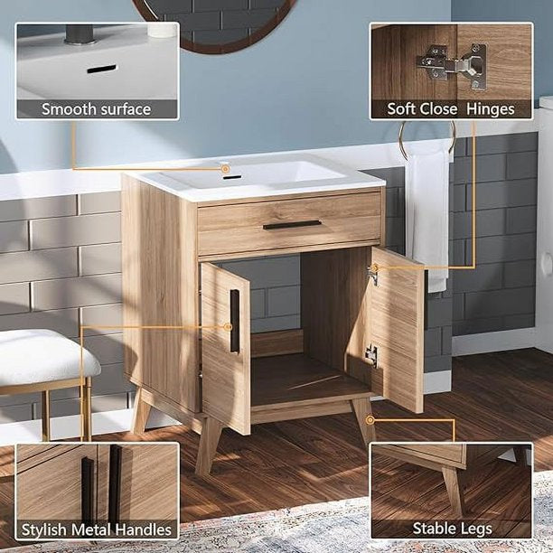 Meuble-lavabo Merluxy 62 cm avec vasque intégrée, style milieu du siècle, marron