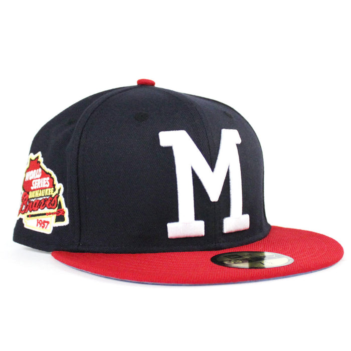 Milwaukee Braves 1957 WORLD SERIES New Era 59Fifty Fitted Hat (Navy Red SKY BLUE UNDER BRIM)
