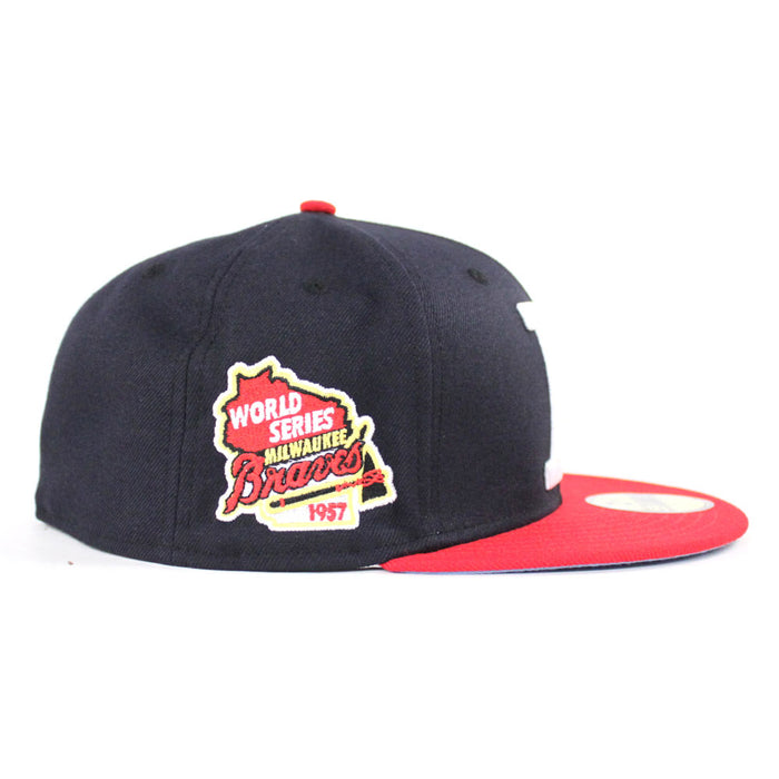 Milwaukee Braves 1957 WORLD SERIES New Era 59Fifty Fitted Hat (Navy Red SKY BLUE UNDER BRIM)