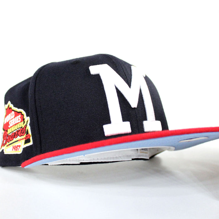 Milwaukee Braves 1957 WORLD SERIES New Era 59Fifty Fitted Hat (Navy Red SKY BLUE UNDER BRIM)