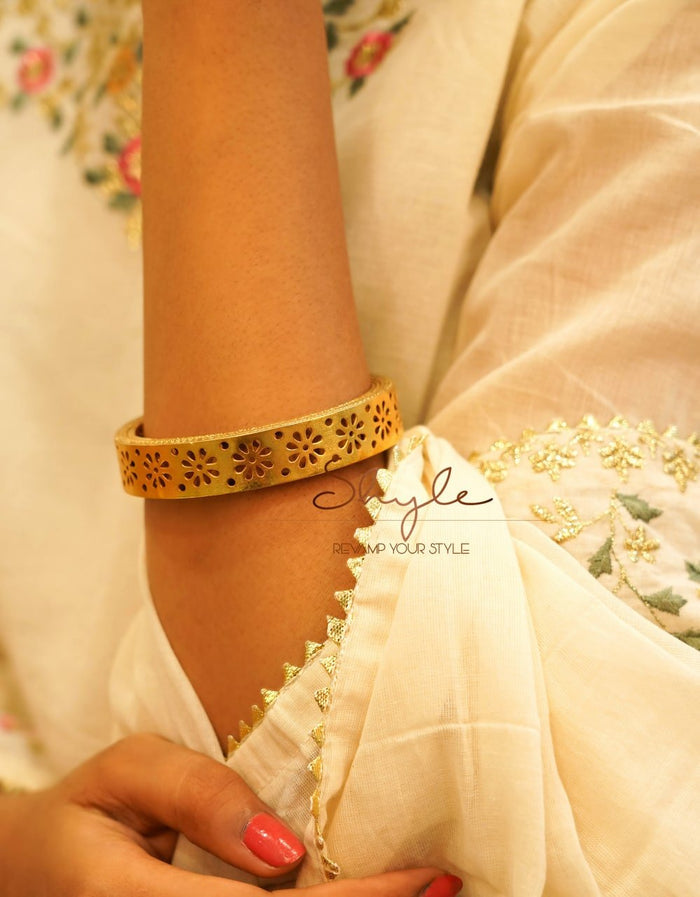 Moh Gold Plated Carved Flower Statement Kada