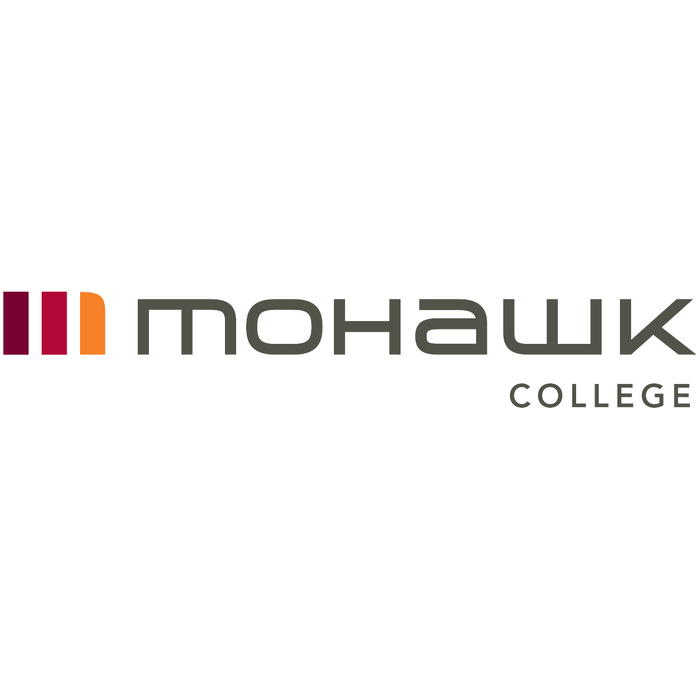 A Mohawk College logo displays on a white background. The logo consists of a stylized three-bar design in maroon and orange alongside the words "MOHAWK COLLEGE" in gray lettering.