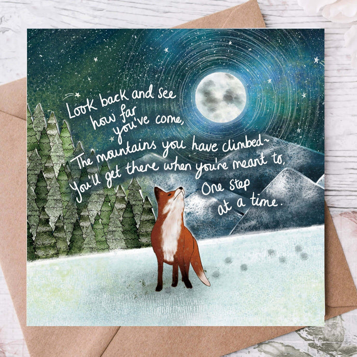 Mountains - Greeting Card by Fox Under The Moon featuring fox and inspirational message.