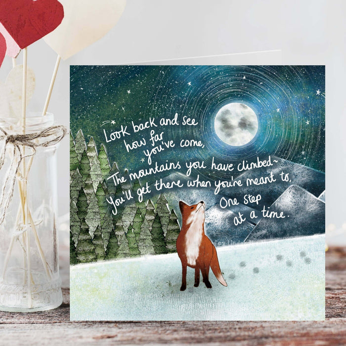 Mountains - Greeting Card by Fox Under The Moon featuring a fox and an inspiring message.