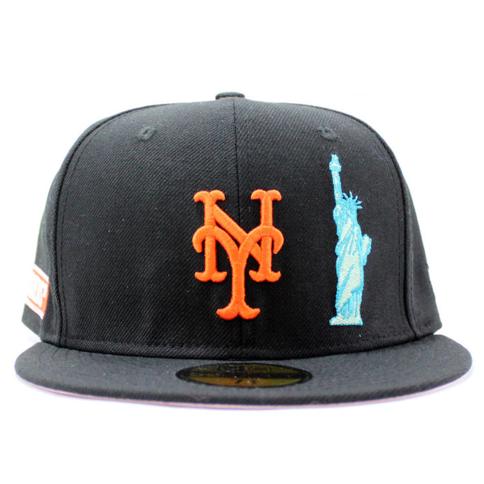 New York Mets Queens NY Patch Statue Of Liberty National Monument New Era 59Fifty Fitted Hat (Black Pink Under Brim)