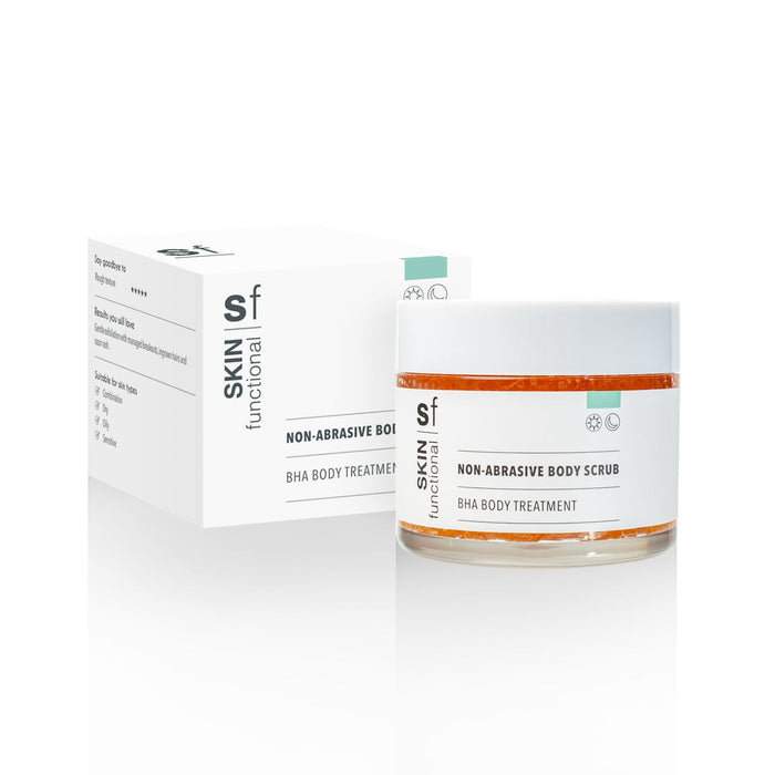 Skin Functional non-abrasive body scrub and packaging on a white background