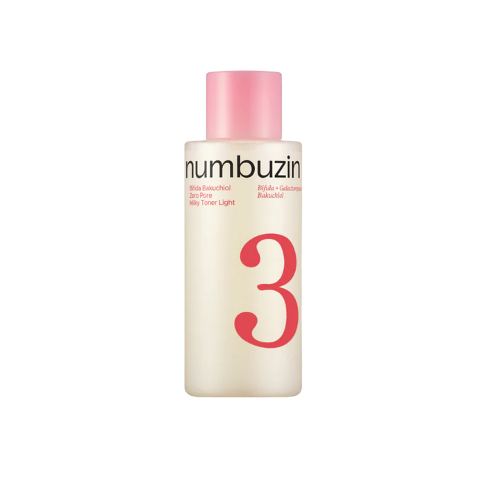 NUMBUZIN No.3 Bifida Bakuchiol Zero Pore Milky Toner Light is a gentle milky toner made to hydrate sensitive skin, refine the look of pores, and smooth uneven texture. Formulated with Bifida Ferment Lysate, Galactomyces Ferment Filtrate, Niacinamide, Sodium Hyaluronate, Hyaluronic Acid, Squalane, Panthenol, Ceramide NP, Cholesterol, Kojic Acid, Bakuchiol, and Tocopherol, it helps support a more even-looking, radiant complexion while keeping skin moisturized and comfortable. Bakuchiol works as a