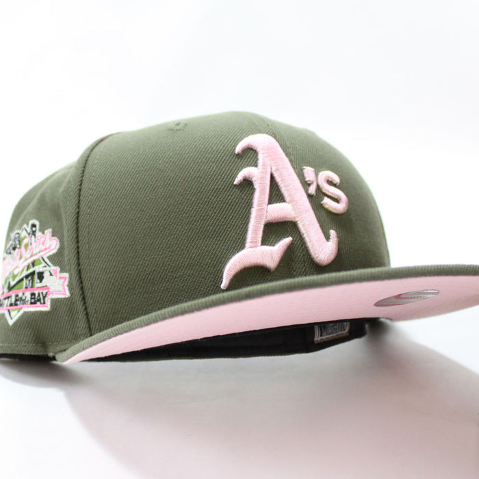 Oakland Athletics 1989 BATTLE OF THE BAY World Series New Era 59Fifty Fitted Hat (Olive Pink Under Brim)