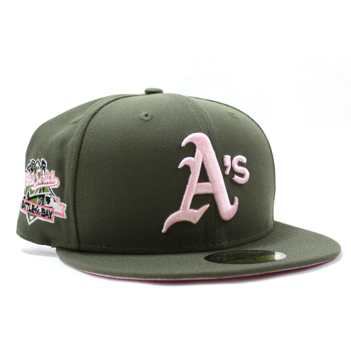 Oakland Athletics 1989 BATTLE OF THE BAY World Series New Era 59Fifty Fitted Hat (Olive Pink Under Brim)