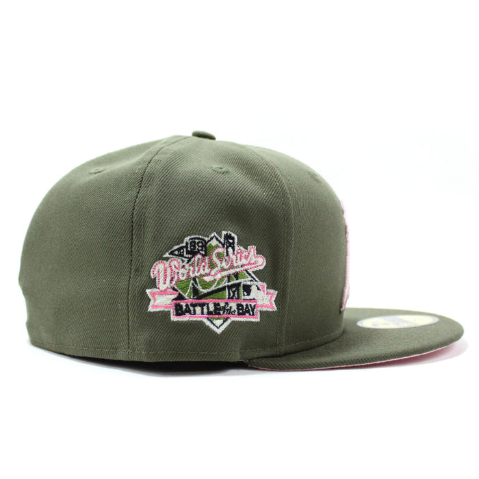 Oakland Athletics 1989 BATTLE OF THE BAY World Series New Era 59Fifty Fitted Hat (Olive Pink Under Brim)