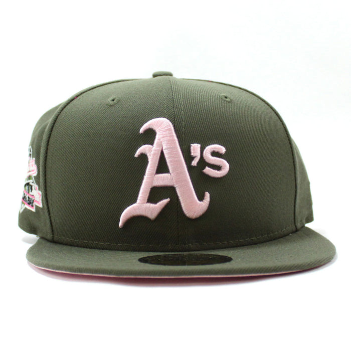 Oakland Athletics 1989 BATTLE OF THE BAY World Series New Era 59Fifty Fitted Hat (Olive Pink Under Brim)