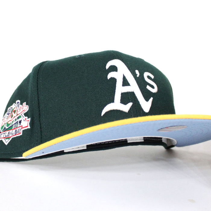Oakland Athletics 1989 World Series BATTLE OF THE BAY New Era 59Fifty Fitted Hat (Dark Green Blue Under Brim)