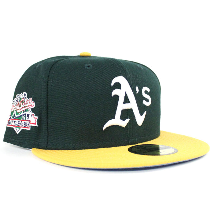 Oakland Athletics 1989 World Series BATTLE OF THE BAY New Era 59Fifty Fitted Hat (Dark Green Blue Under Brim)