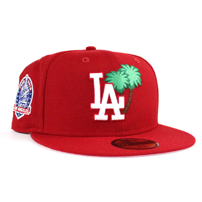 Palm Tree Los Angeles Dodgers 60TH ANNIVERSARY New Era 59Fifty Fitted Hat (Red Pink Under Brim)