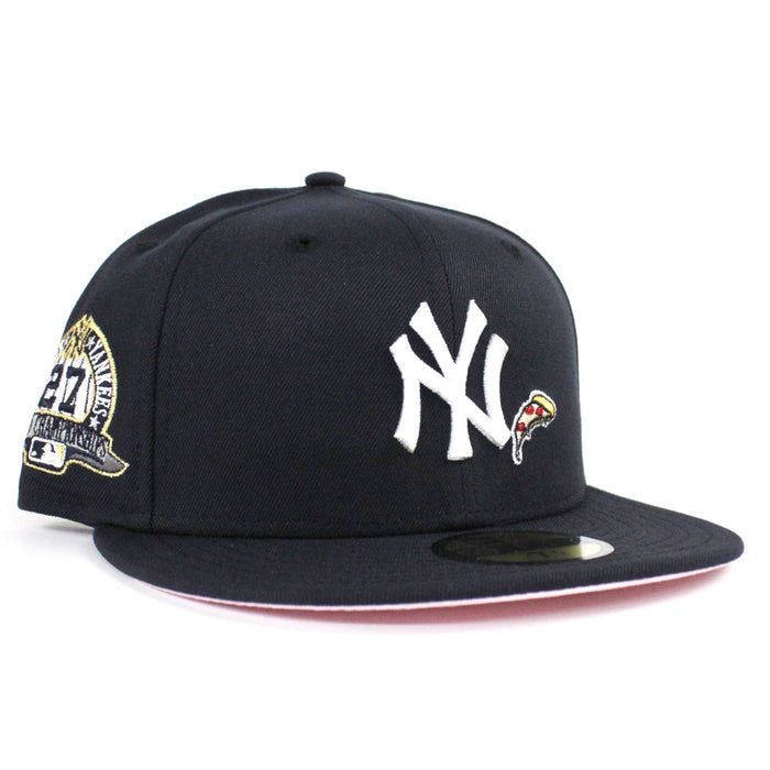 PIZZA New York Yankees 27 World Championships New Era 59Fifty Fitted Hat (Navy Pink Under Brim)