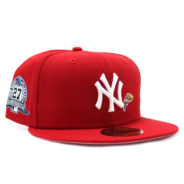 PIZZA New York Yankees 27 World Championships New Era 59Fifty Fitted Hat (Red Pink Under Brim)