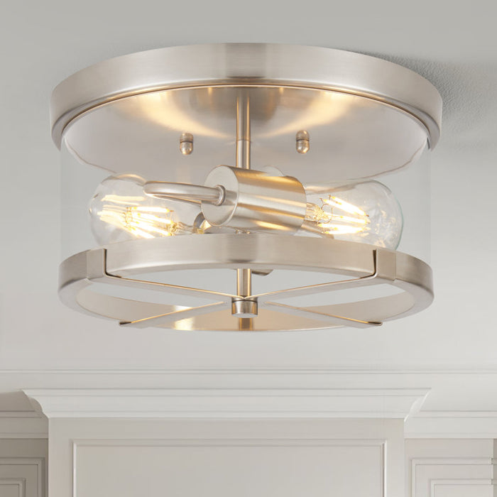 Plafonnier Bradlay à 2 lumières, en verre transparent, avec cadre en métal, finition nickel brossé