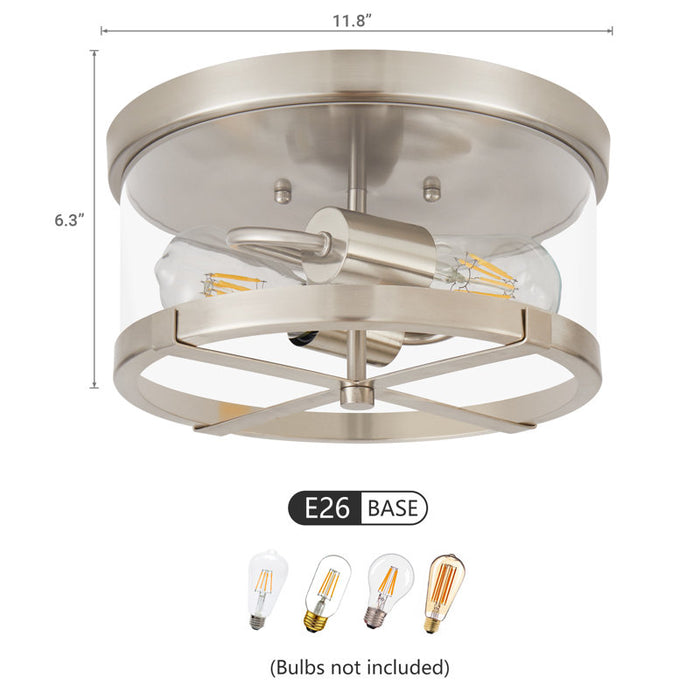 Plafonnier Bradlay à 2 lumières, en verre transparent, avec cadre en métal, finition nickel brossé