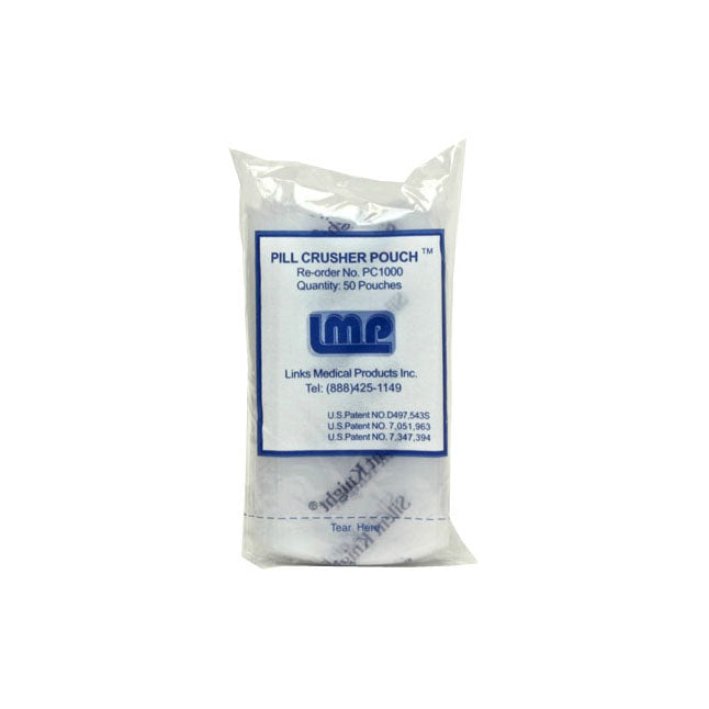 A clear, sealed plastic bag contains 50 "Pill Crusher Pouches." The bag has the text "PILL CRUSHER POUCH TM, Re-order No. PC1000, Quantity: 50 Pouches, IMP, Links Medical Products Inc. Tel: (888)425-1149, U.S.Patent NO.D497,5435, U.S.Patent NO. 7,051,963, U.S.Patent NO. 7,347,394".