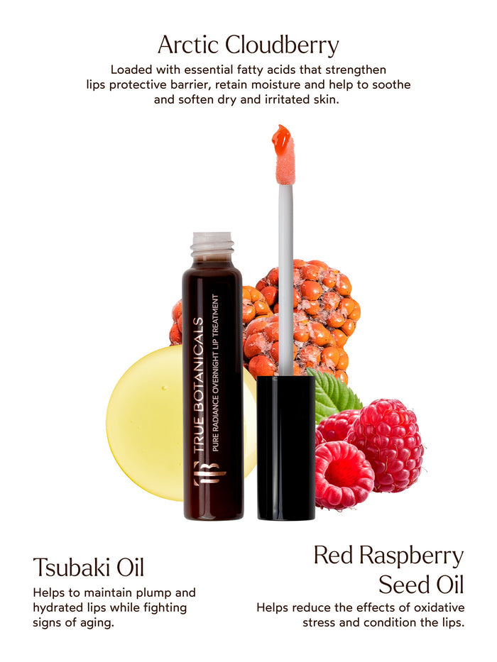 Product image of True Botanicals Pure Radiance Overnight Lip Treatment with its key ingredients highlighted. Arctic Cloudberry is described as being rich in essential fatty acids to strengthen the lips' protective barrier, retain moisture, and soothe dry and irritated skin. Tsubaki Oil helps maintain plump, hydrated lips while addressing signs of aging. Red Raspberry Seed Oil aids in reducing oxidative stress and conditioning the lips.