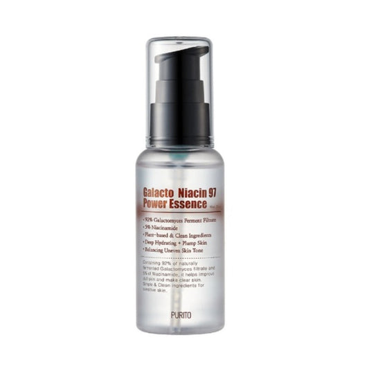 PURITO Galacto Niacin 97 Power Essence is a brightening and revitalizing essence formulated with 92% Galactomyces Ferment Filtrate and 5% Niacinamide. This powerful combination helps improve skin texture, brighten the complexion, and minimize the appearance of pores. Enriched with soothing ingredients like Allantoin and Adenosine, it also helps to calm and nourish the skin. Perfect for all skin types, this lightweight essence promotes a smoother, more radiant complexion while supporting overall
