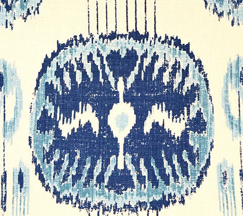 Quadrille Fabric: Buddakahn - Custom Blues on Tinted Oyster Linen