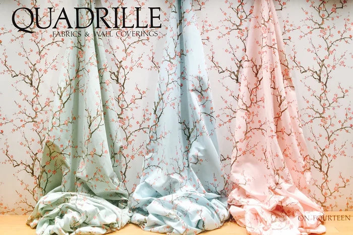 Quadrille Fabric: Cherry Branch - Custom Pale Celadon on Belgian Linen / Cotton