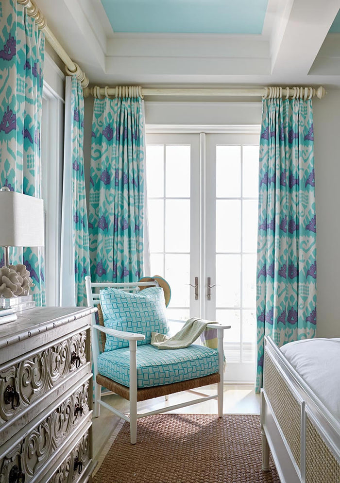 Quadrille Fabric: Kazak - Aqua / Royal Blue on White Suncloth (OUTDOOR)