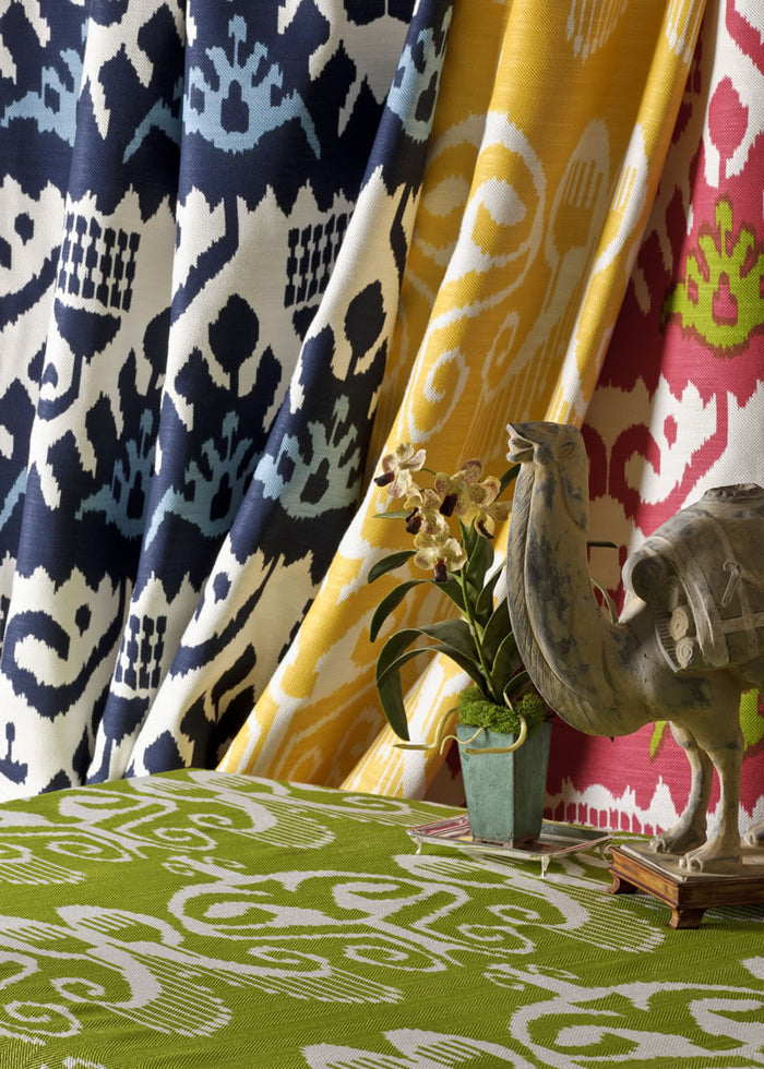 Quadrille Fabric: Kazak - Aqua / Royal Blue on White Suncloth (OUTDOOR)