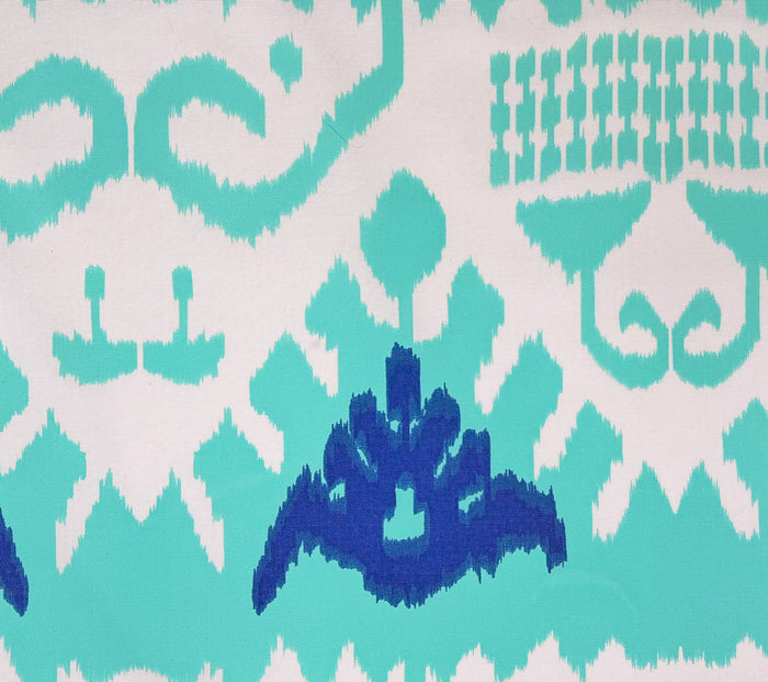 Quadrille Fabric: Kazak - Aqua / Royal Blue on White Suncloth (OUTDOOR)