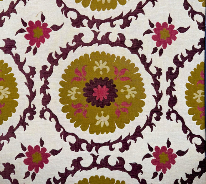 Quadrille Fabric: Suzani Woven - Olive / Red / Brown on Olive (UPHOLSTERY WEIGHT WOVEN)