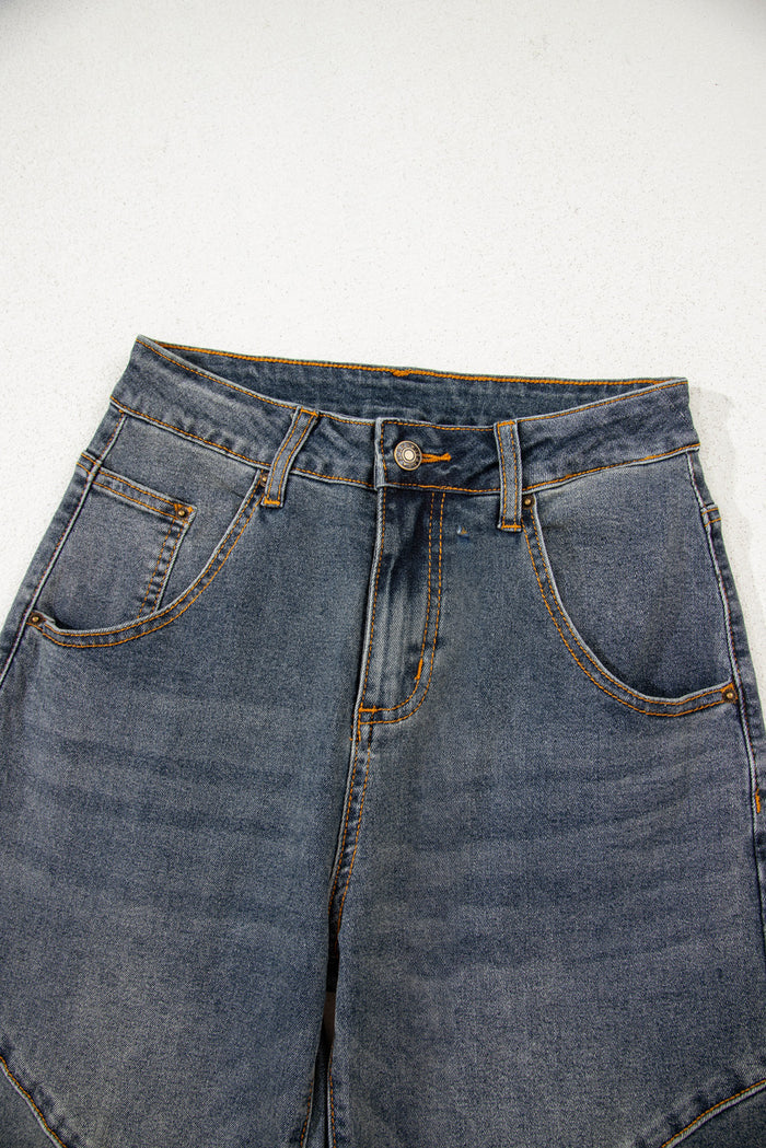 Sail Blue Criss Cross Straight Leg High Waist Jeans