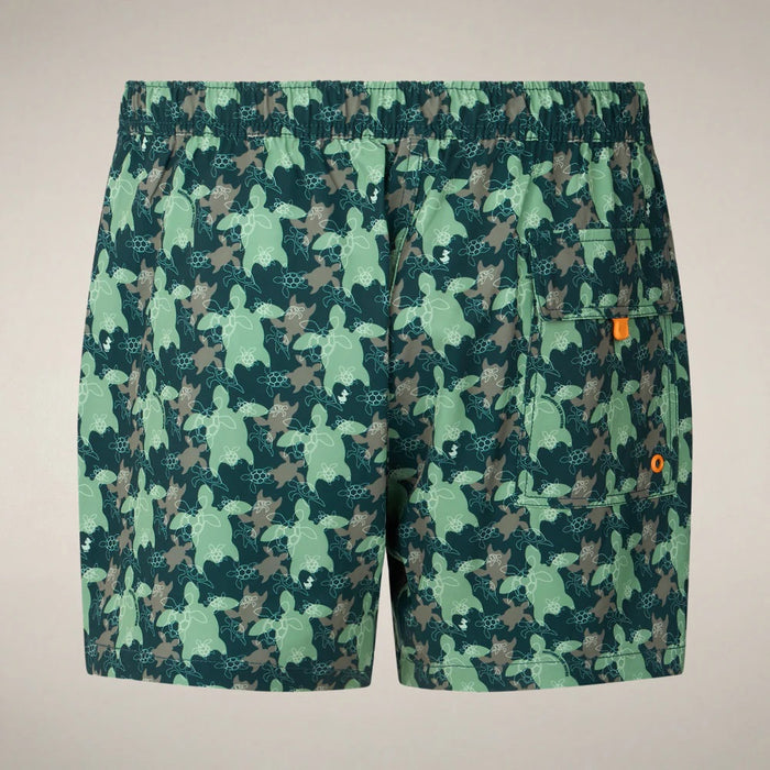 SAVE THE DUCK ADEMIR swim trunks in green and gray turtle camouflage are crafted from recycled polyester, featuring a black drawstring and orange tag. These quick-dry men's shorts are shown on a plain background.