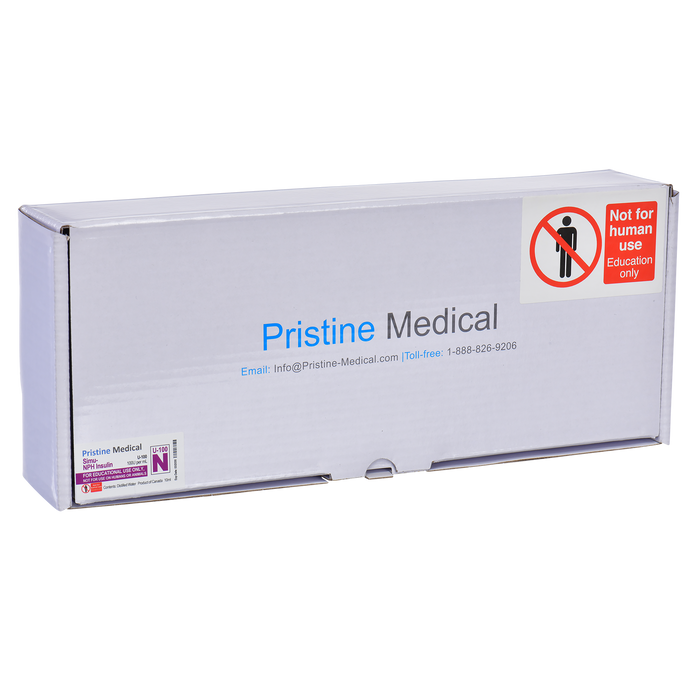 A Pristine Medical box rests on a surface. The box is labeled “Not for human use. Education only,” and contains a simulated insulin product. Contact information is printed on the box.