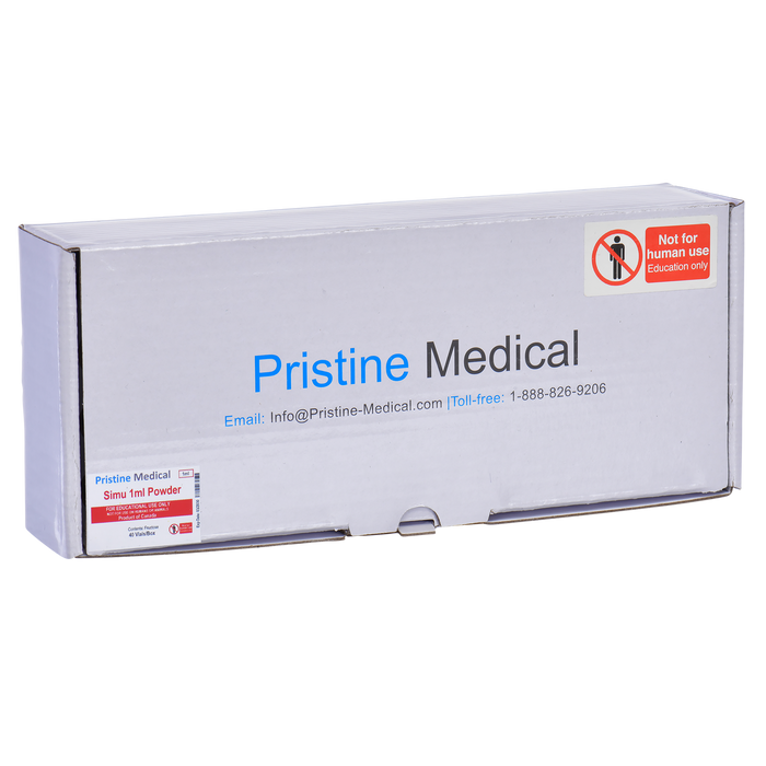 A Pristine Medical box containing Simu 1ml powder rests on a surface. The box is labeled "Not for human use. Education only," and provides contact information.