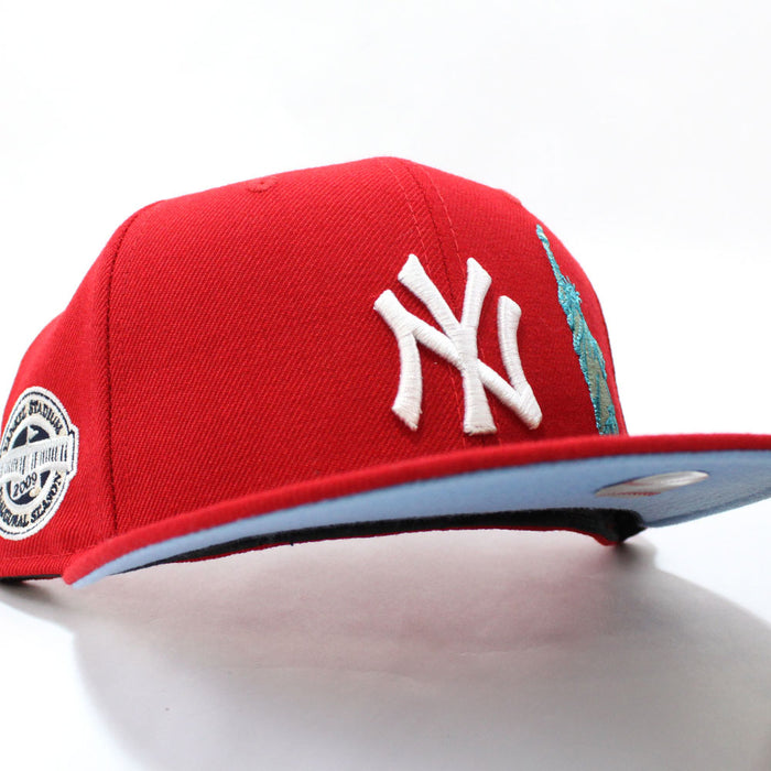 STATUE OF LIBERTY New York Yankees 2009 INAUGURAL SEASON New Era 59Fifty Fitted Hat (RED Sky Blue Under Brim)