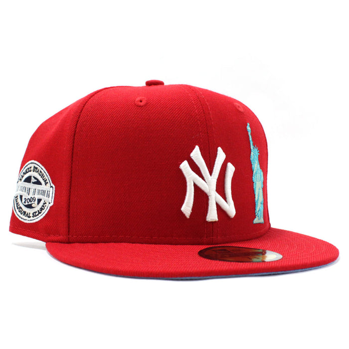 STATUE OF LIBERTY New York Yankees 2009 INAUGURAL SEASON New Era 59Fifty Fitted Hat (RED Sky Blue Under Brim)