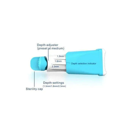 A light-blue medical lancet displays depth settings (1.3mm, 1.8mm, 2.3mm) against a white background. The lancet has a sterility cap and a depth adjuster.
