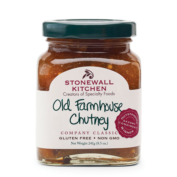 A jar of STONEWALL KITCHEN - OLD FARMHOUSE CHUTNEY, a savory condiment made with mixed fruits, features the label "Company Classic" and highlights that it is gluten-free and non-GMO. Each jar holds 241g (8.5 oz) of traditional goodness.