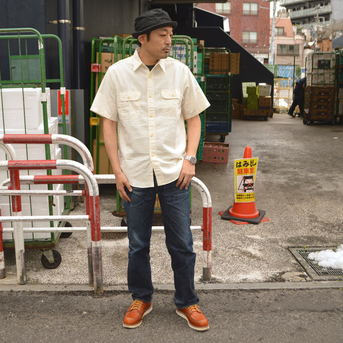 SUGAR CANE "SC37942" WHITE CHAMBRAY WORK SHIRT (SHORT SLEEVE)