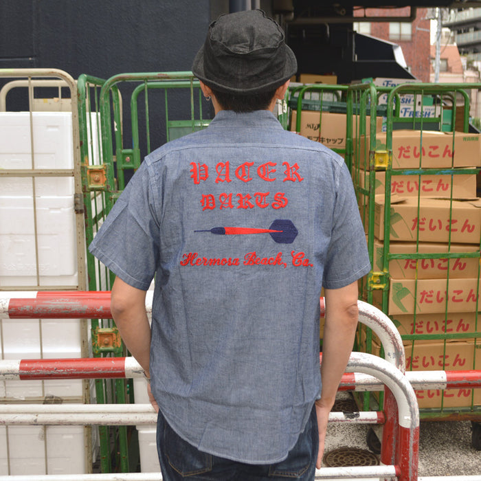 SUGAR CANE "SC39731" CHAMBRAY WORK SHIRT with CHAIN EMBROIDERED