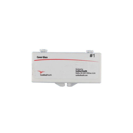 A white rectangular case containing cover glass rests on a white background; it is labeled "#1" and bears Cardinal Health branding and distribution information.