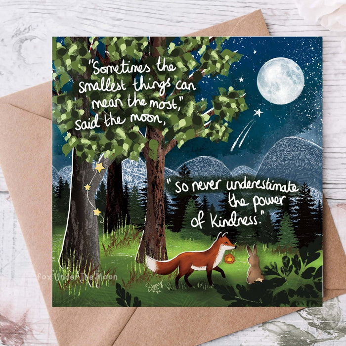 The Smallest Things -Greeting Card From Fox Under The Moon featuring artwork of a fox and a rabbit under a moonlit sky.