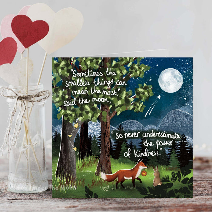 The Smallest Things -Greeting Card From Fox Under The Moon with fox, rabbit, trees, and moonlight illustration.