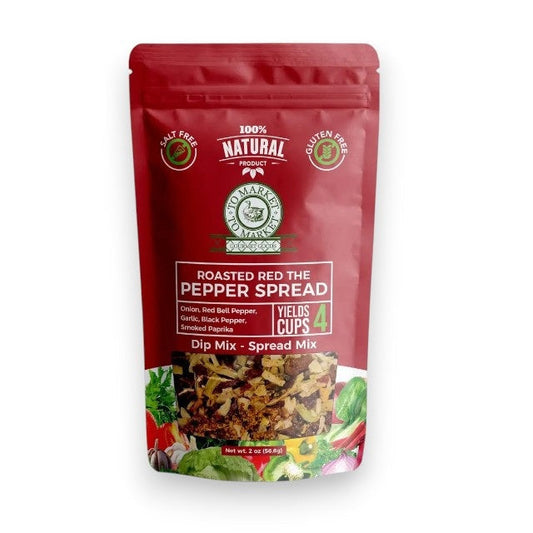 A red packet of TO MARKET - ROASTED RED PEPPER SPREAD DIP MIX from TO MARKET- DIPS & SPREADS stands upright beside a white bowl filled with creamy dip and crackers. The packaging highlights that the mix is all-natural, makes 4 cups, and is both gluten-free and salt free. Infused with smoked paprika, this bold, smoky spread is perfect for adding robust flavor to any gathering.